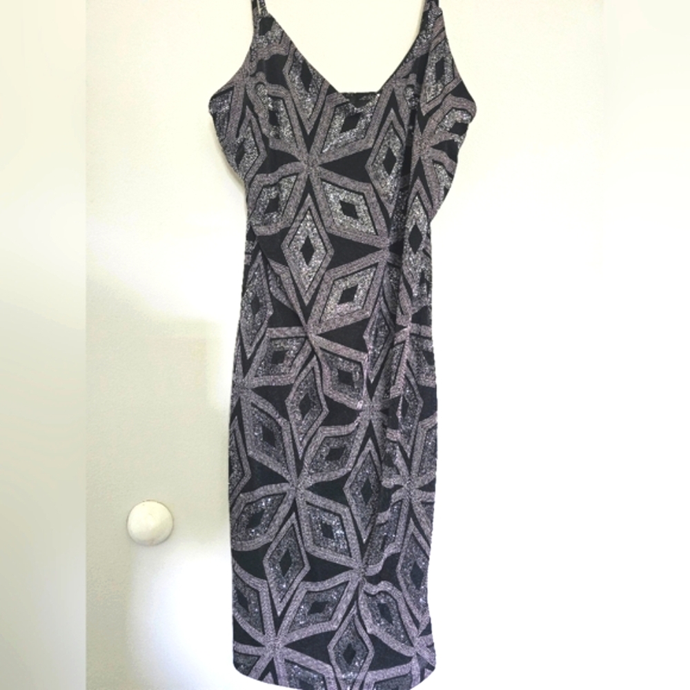 Haute Monde Women's Black & Silver Diamond Geometric Pattern Cocktail Dress Sz M